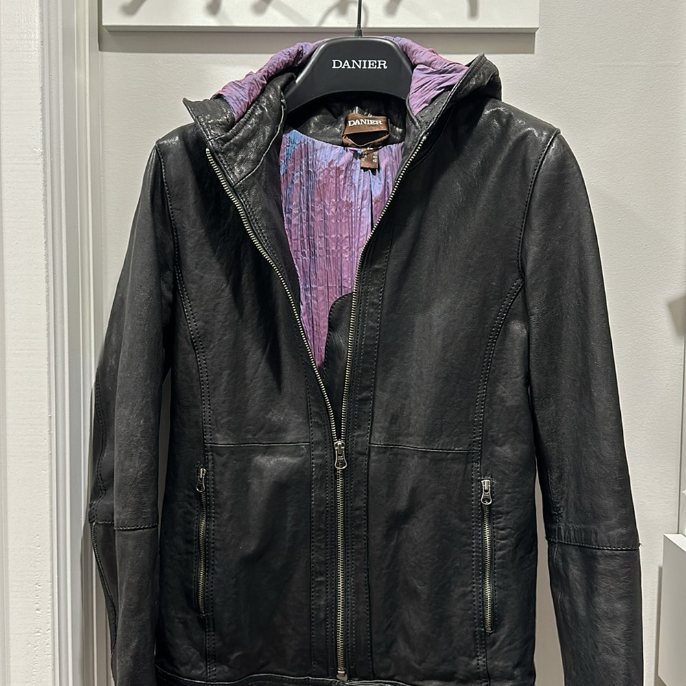 Black leather hooded jacket with shimmery lining